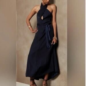 Banana Republic Halter Satin Maxi Dress Navy Medium NWT Sz M-Tall